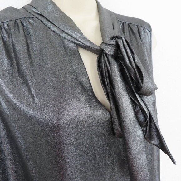 Calvin Klein Womens Large Metallic Silver Gray Sleeveless Neck Tie Shirt Blouse - Picture 3 of 8